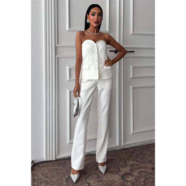 Sobe Women's ECRU Satin Suit Set Two Piece Blazer Pants Formal Wear with Needle Detection Model 10024
