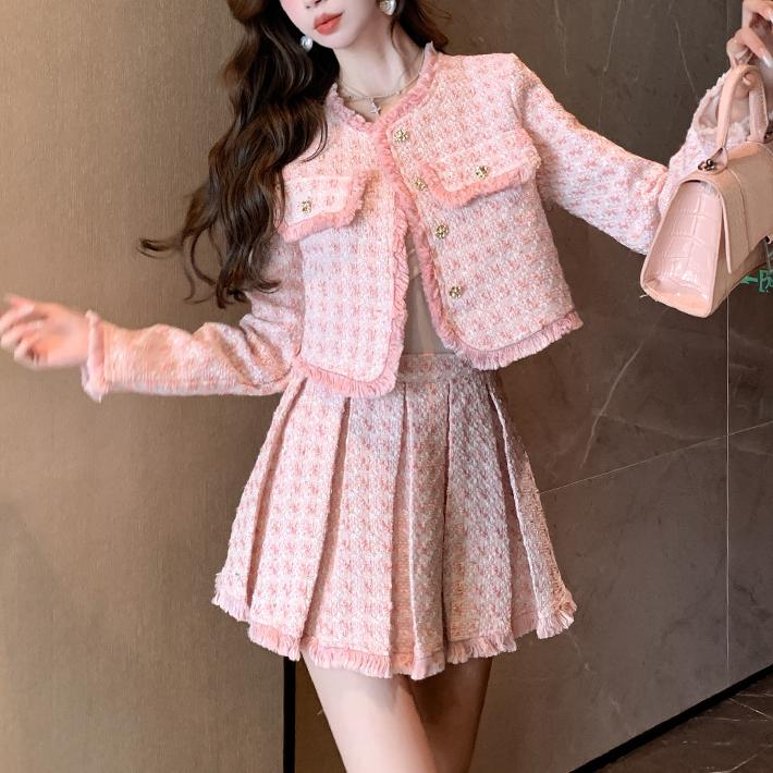Autumn Casual Two Piece Set For Women Custom Pure Polyester Crew Neck Button Blazer Mini Pleated Skirt Solid Pink Tweed Suits