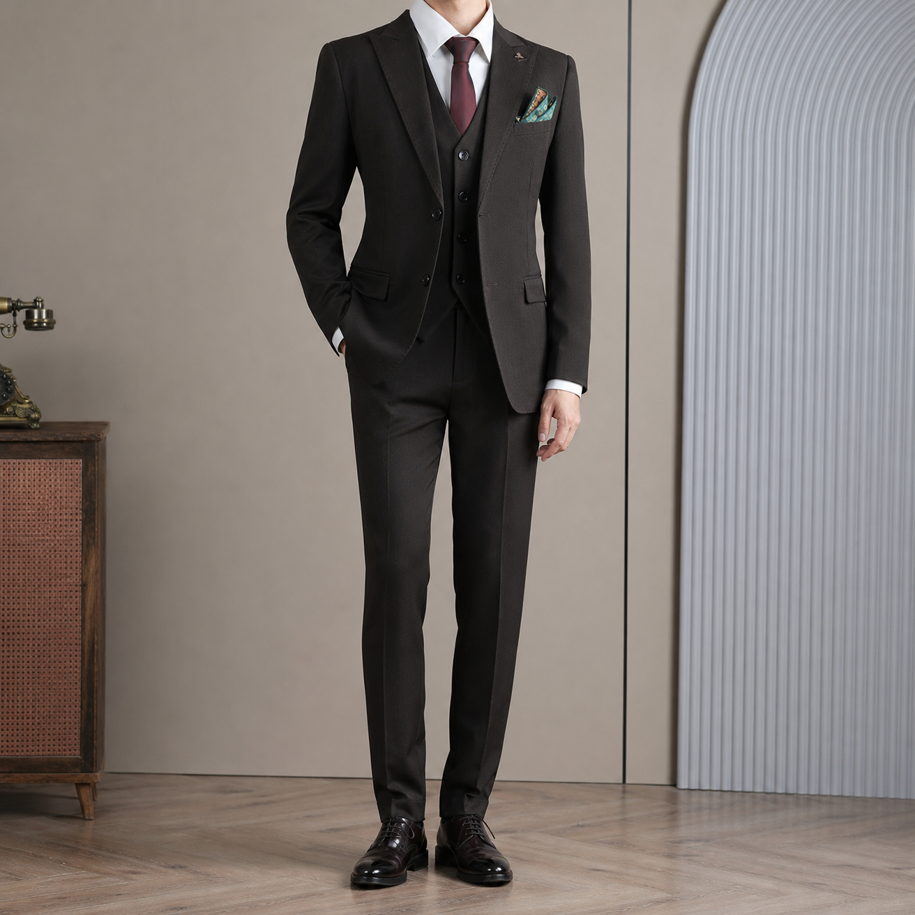 Vintage High-end 2 Button Men's Suit Set Slim Fit 3 Piece Formal Wedding Banquet Blazer Jacket Vest Pants