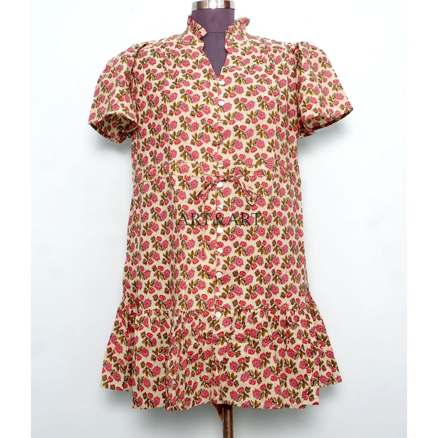 Women's short-length soft pure Cotton Dress Hand Block Floral Print Minimalist Casual Party Wear Formal Bridesmaid Maxi Dress