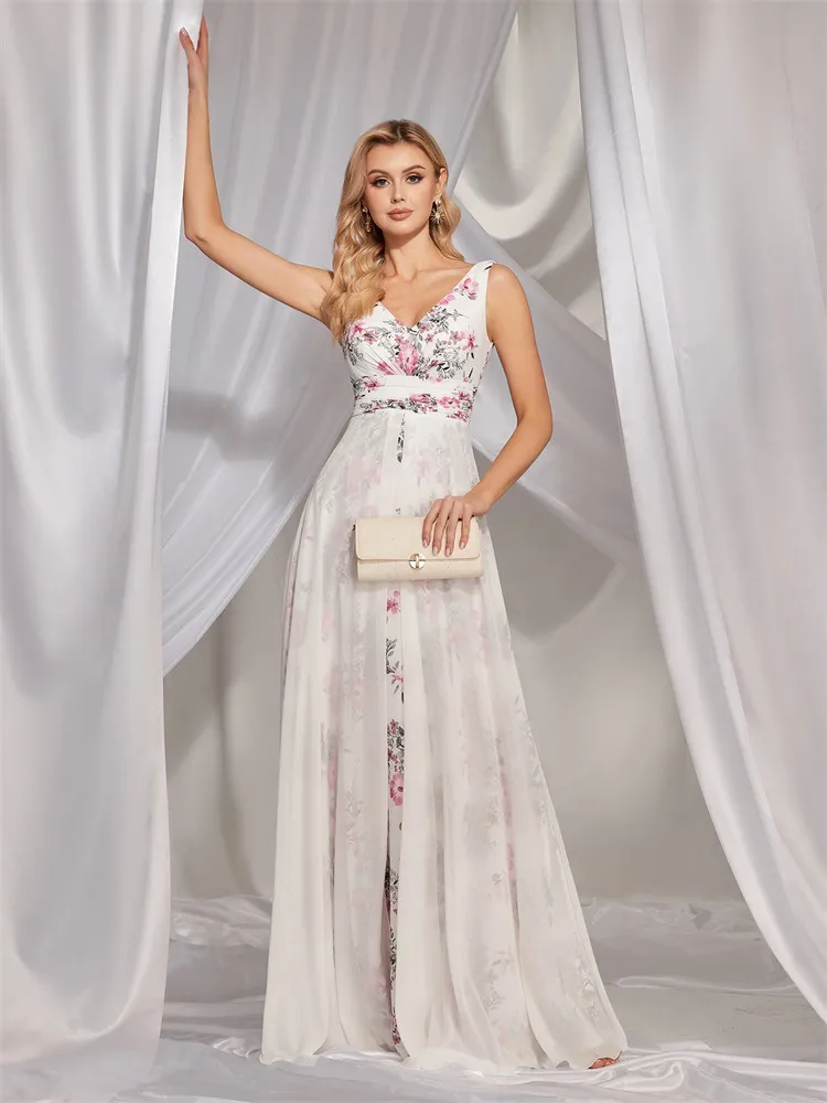 New Chiffon V Neck White Floral Dress Slim Fit Long Gown for Bridesmaids and Banquets