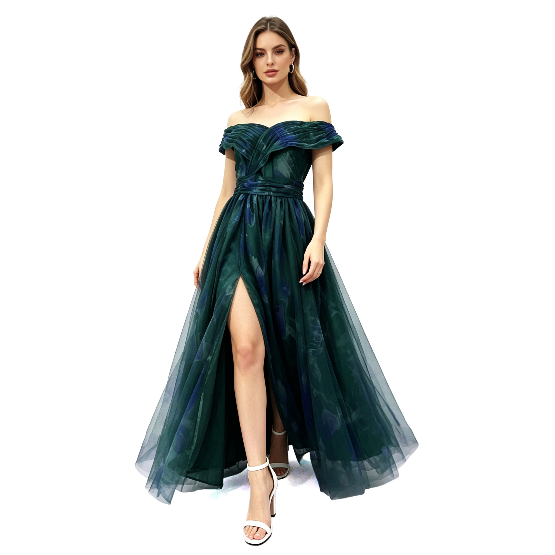 L elegant Dark Green Tulle Prom Dress Off Shoulder High Slit Evening Gown Party Wedding Bridal Gowns Formal Bridesmaid Dresses