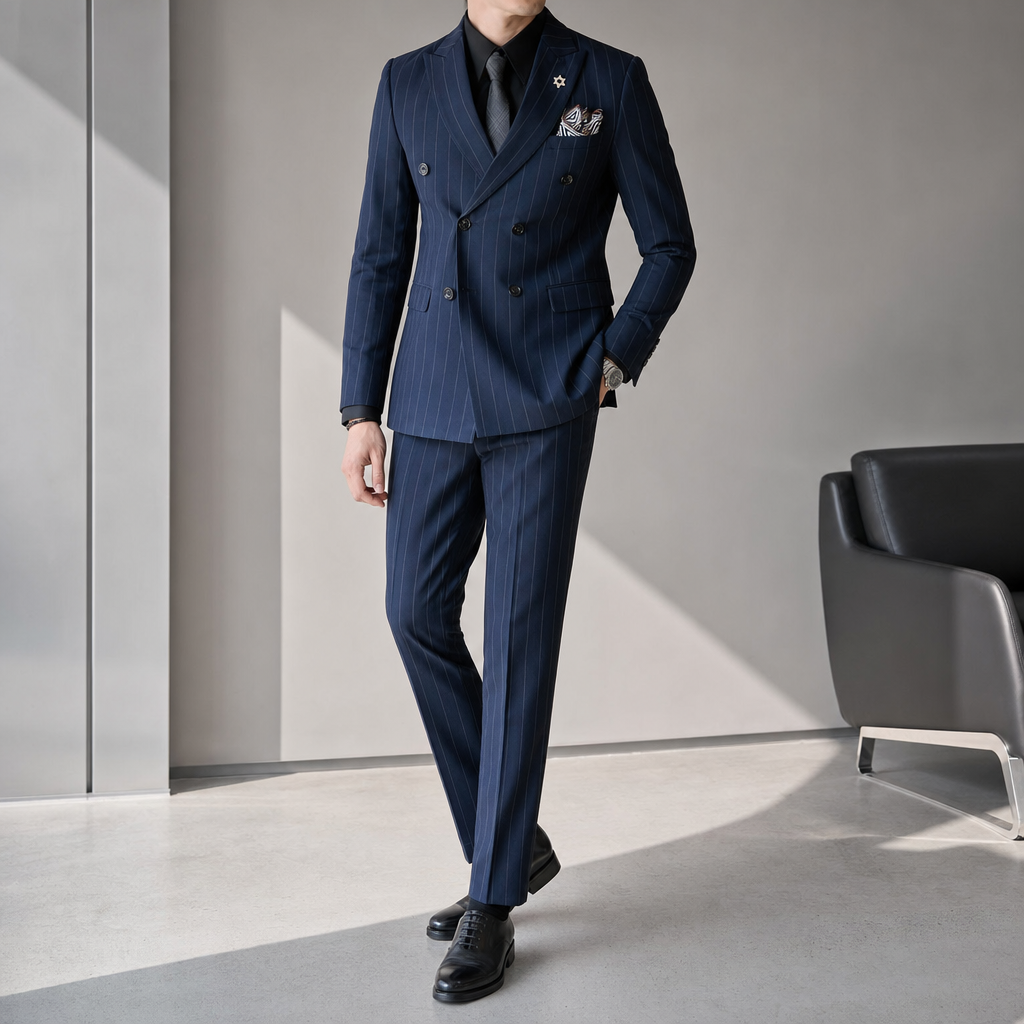 Double Breasted Pinstripe Men's Suit Set British Style Business Professional Formal Wedding Groom Slim Fit Blazer Pants Vest