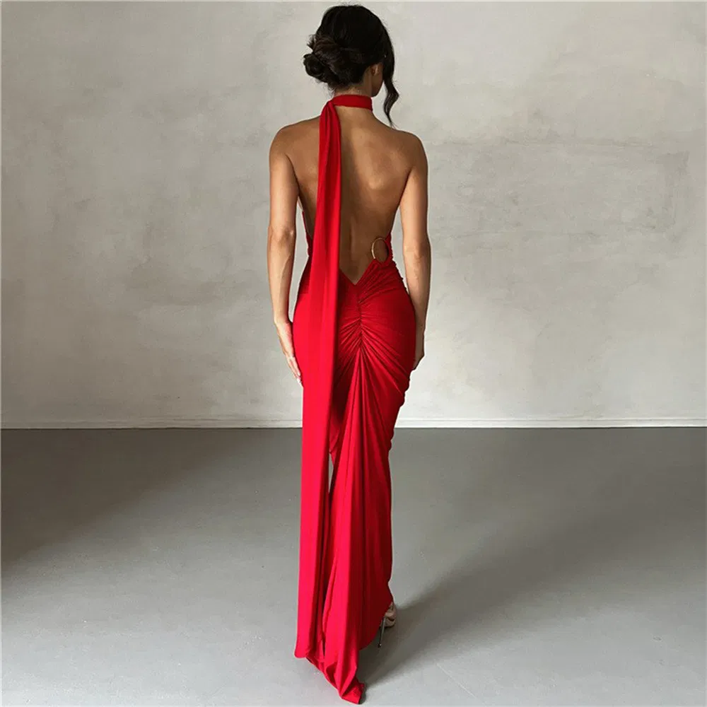 Trendy Deep Back Long Dress Women Chic Stretchy Fabric Cocktail Party Wear