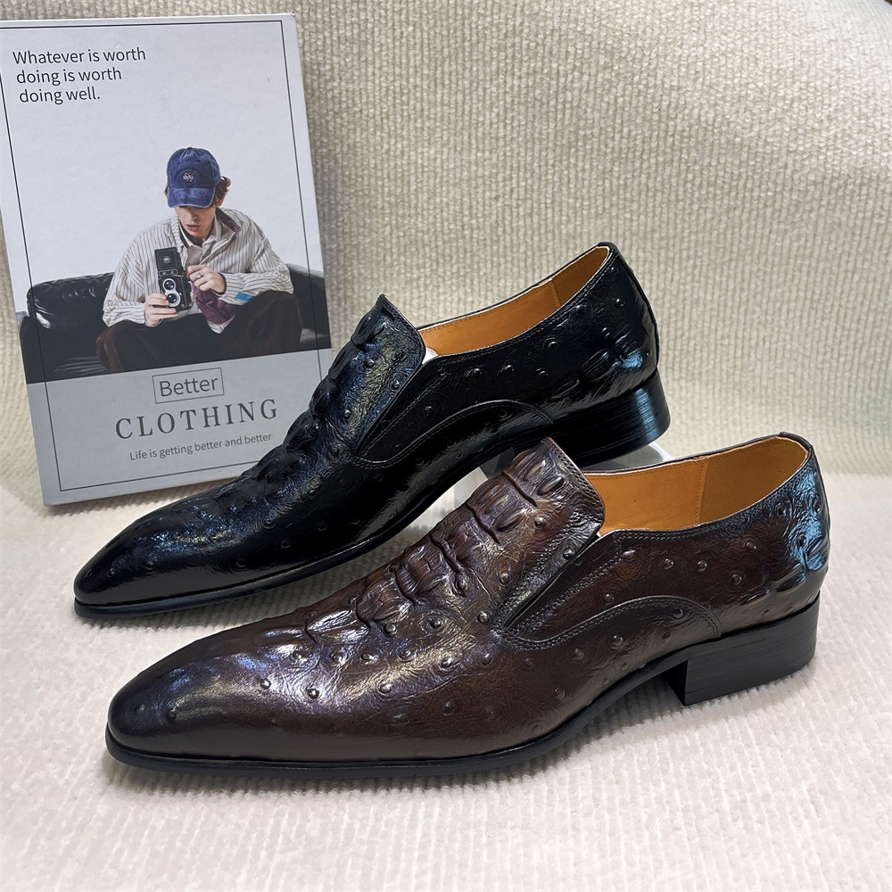 Luxury Men's Designer Ostrich Pattern Cowhide Dress Shoes &amp; Oxfords Brogue for Autumn Wedding &amp; Business Wear