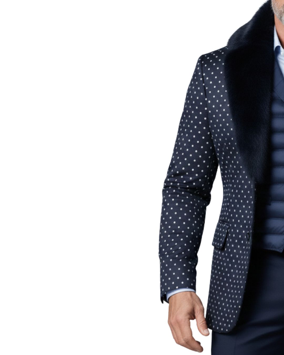 Mens Navy Blue White Polka Dot Fur Shawl Collar Blazer Jacket Luxury Winter Fashion Formal Wear Stylish Premium Designer Coat