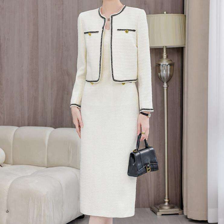 OEM Spring 100% Polyester Woven V-neck Full Sleeve Tweed Blazer Midi Solid Button Women's Casual Two-piece Sets Spring