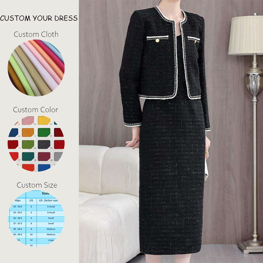 OEM Spring 100% Polyester Woven V-neck Full Sleeve Tweed Blazer Midi Solid Button Women's Casual Two-piece Sets Spring