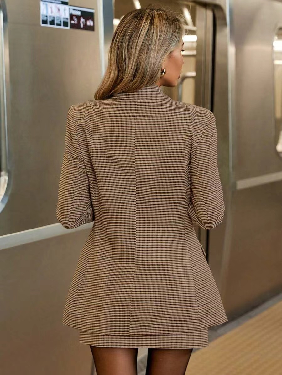 British Style Elegant Houndstooth Blazer &amp; Bodycon Skirt Two Piece Set