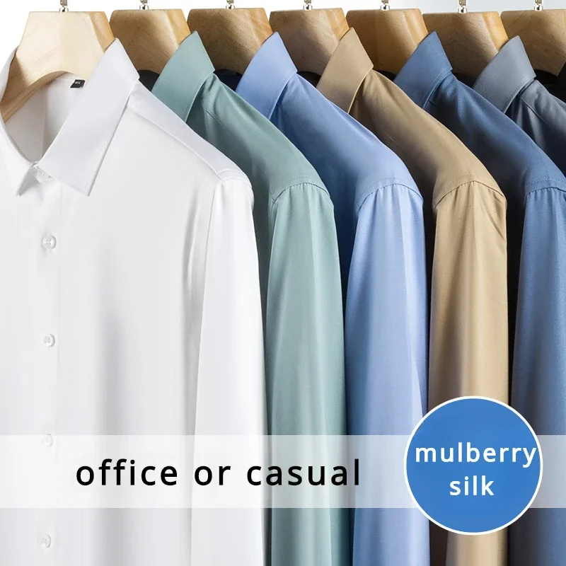 Silk ModaL Men's Long-Sleeve Formal Business Shirts Elegant White Office Wear Breathable and Yarn-Dyed for Autumn Season