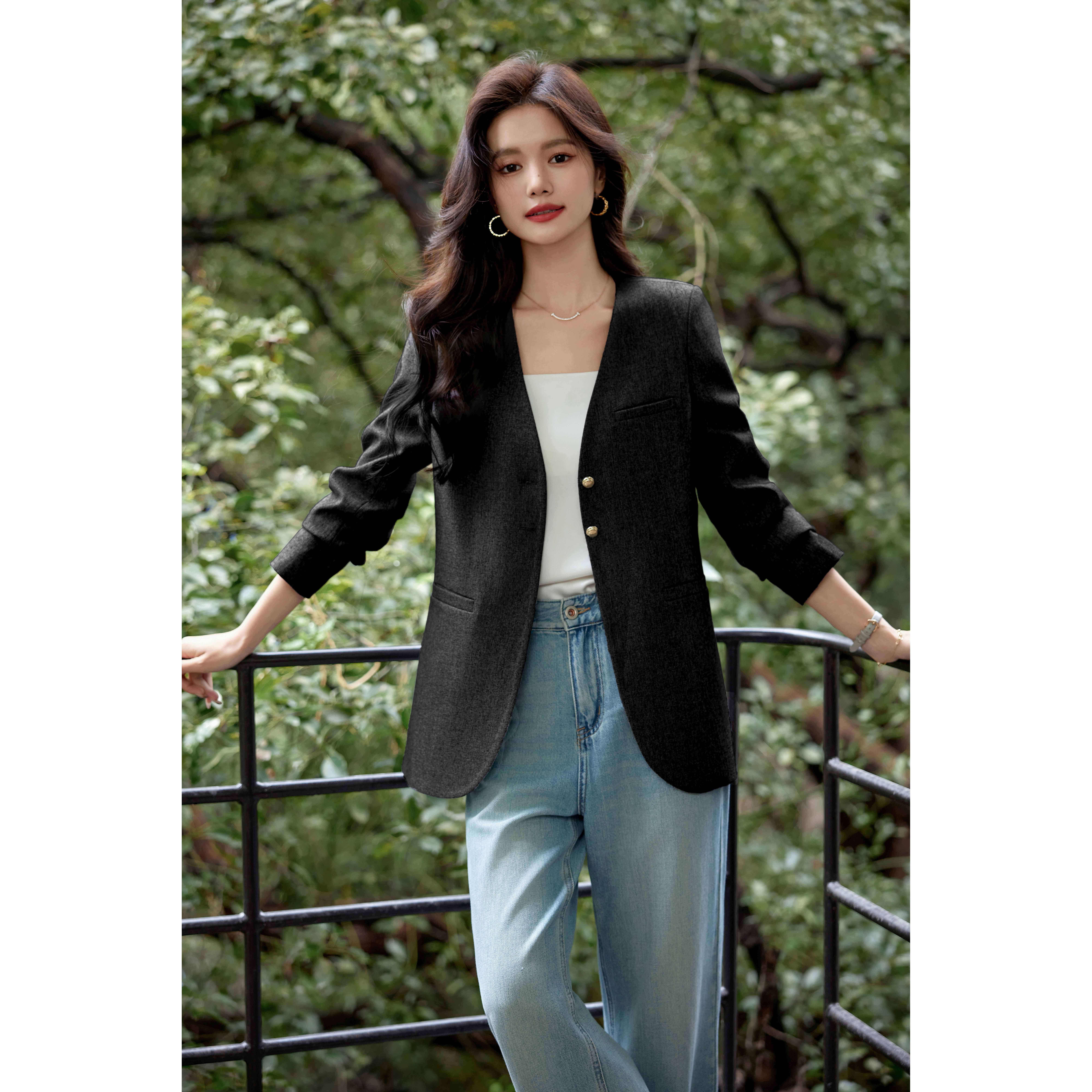 MIER XW1261 Formal Single Breasted Button Solid Woven Anti-Wrinkle Hand Embroidery Spandex/Polyester V-neck Full Sleeve Women