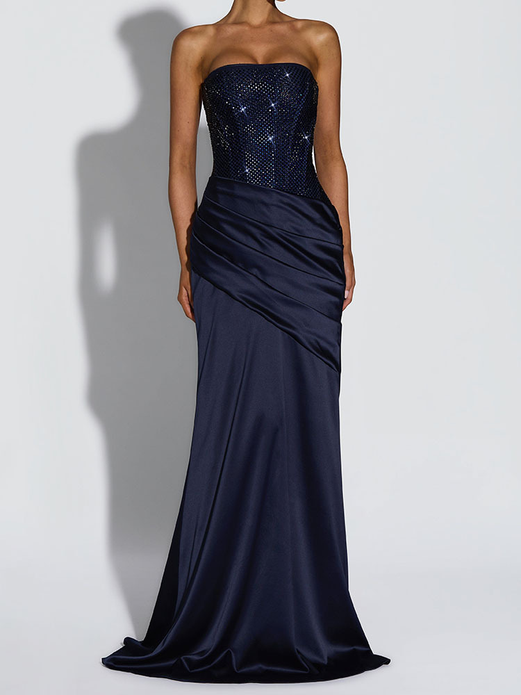 CustomLuxury Sequin Satin Mermaid Dress with Lace up Back Design Strapless Evening Gown for Elegant Party and Red Carpet Wear