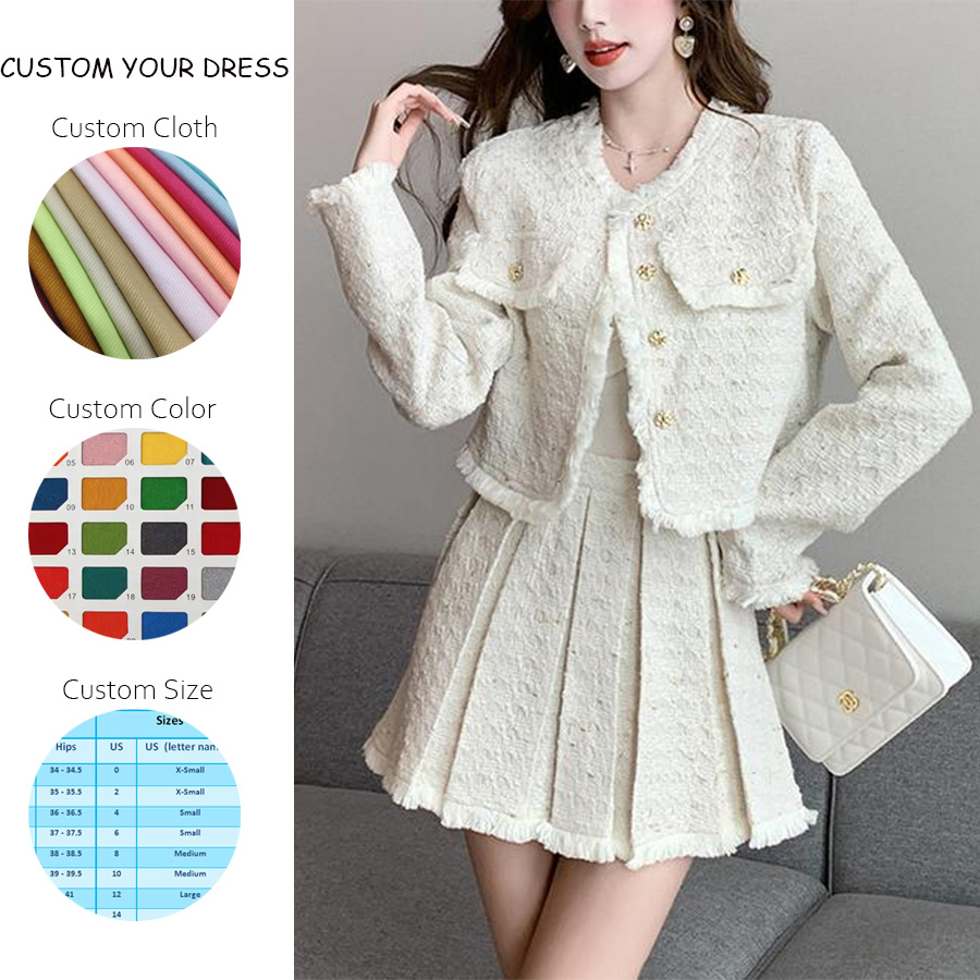 Casual Autumn Solid Color Crew Neck Button Blazer Mini Pleated Skirt New Luxury Tweed Suit Elegant Two Piece Set For Women Tweed