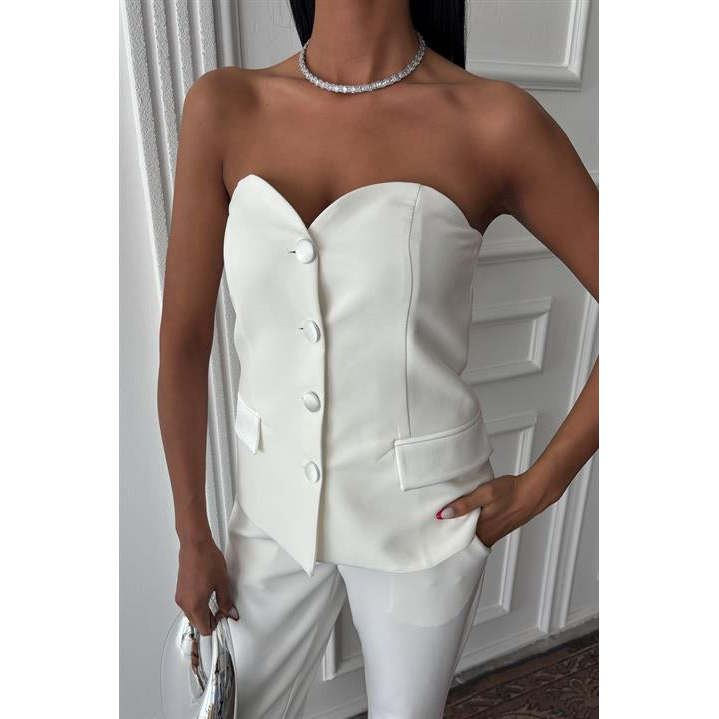 Sobe Women's ECRU Satin Suit Set Two Piece Blazer Pants Formal Wear with Needle Detection Model 10024
