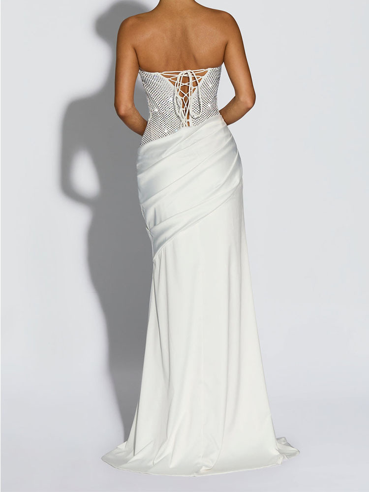 CustomLuxury Sequin Satin Mermaid Dress with Lace up Back Design Strapless Evening Gown for Elegant Party and Red Carpet Wear