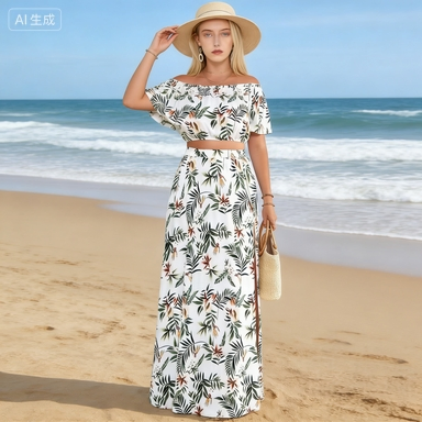 White Tropical Print off-Shoulder Two-Piece Maxi Dress Set - Chic Women's Summer Beach Vacation Wear