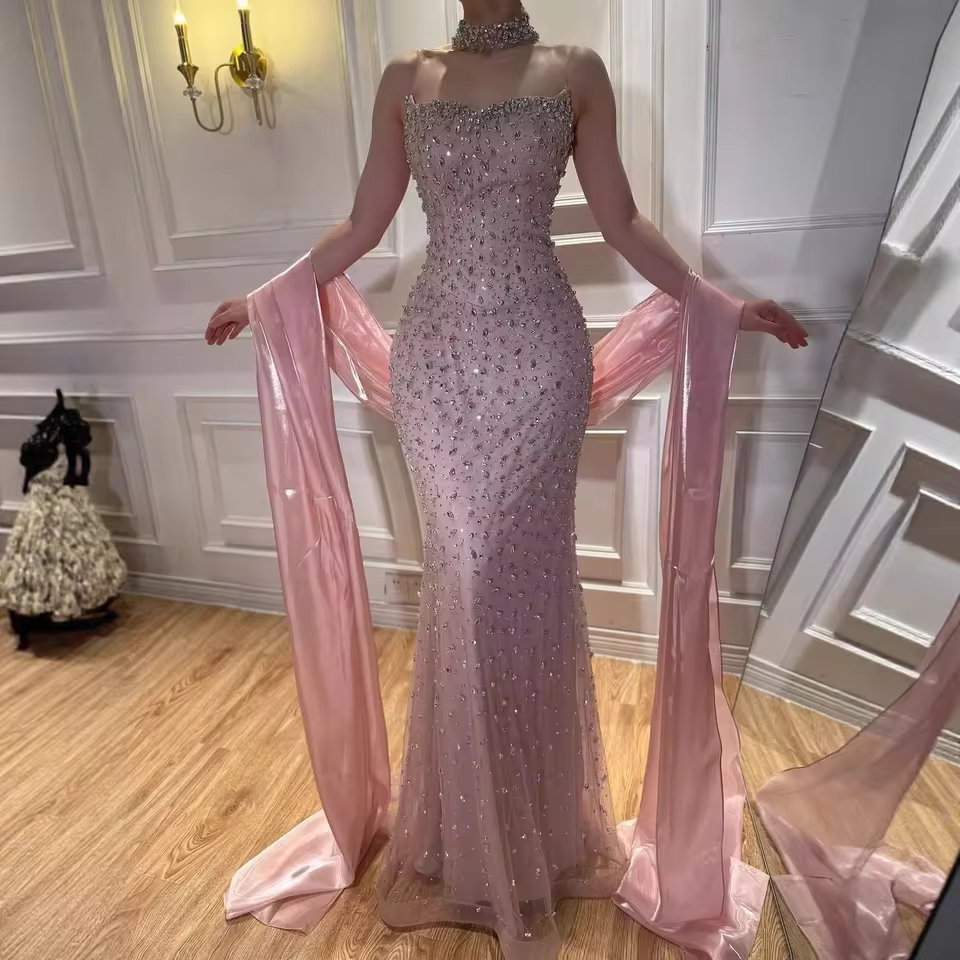 Nude/Pink/Blue 2026 Luxury Dubai Kosovo Designer Evening Dresses with Cape Gowns for Wedding Party Formal Evening Gowns LA73225