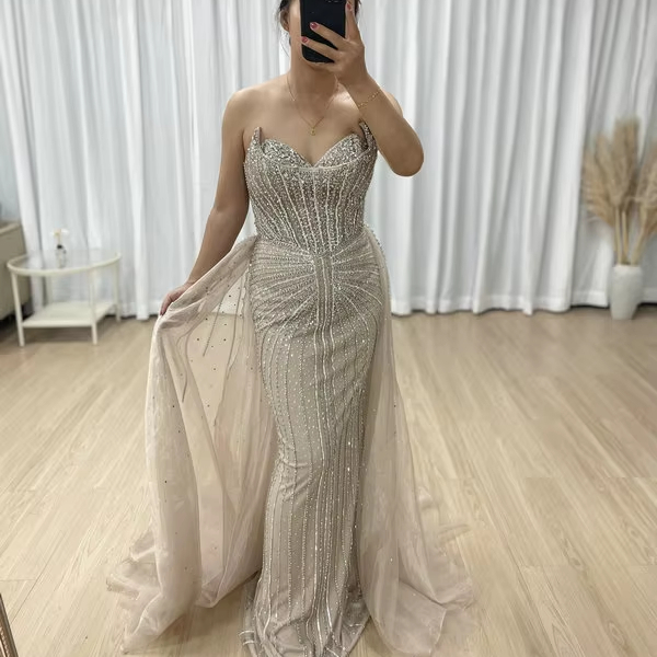 MB40365 Luxury Strapless Designer Evening Gown Embellished Hand Bead and Removable Back Skirt Timeless Style for Formal Occasion