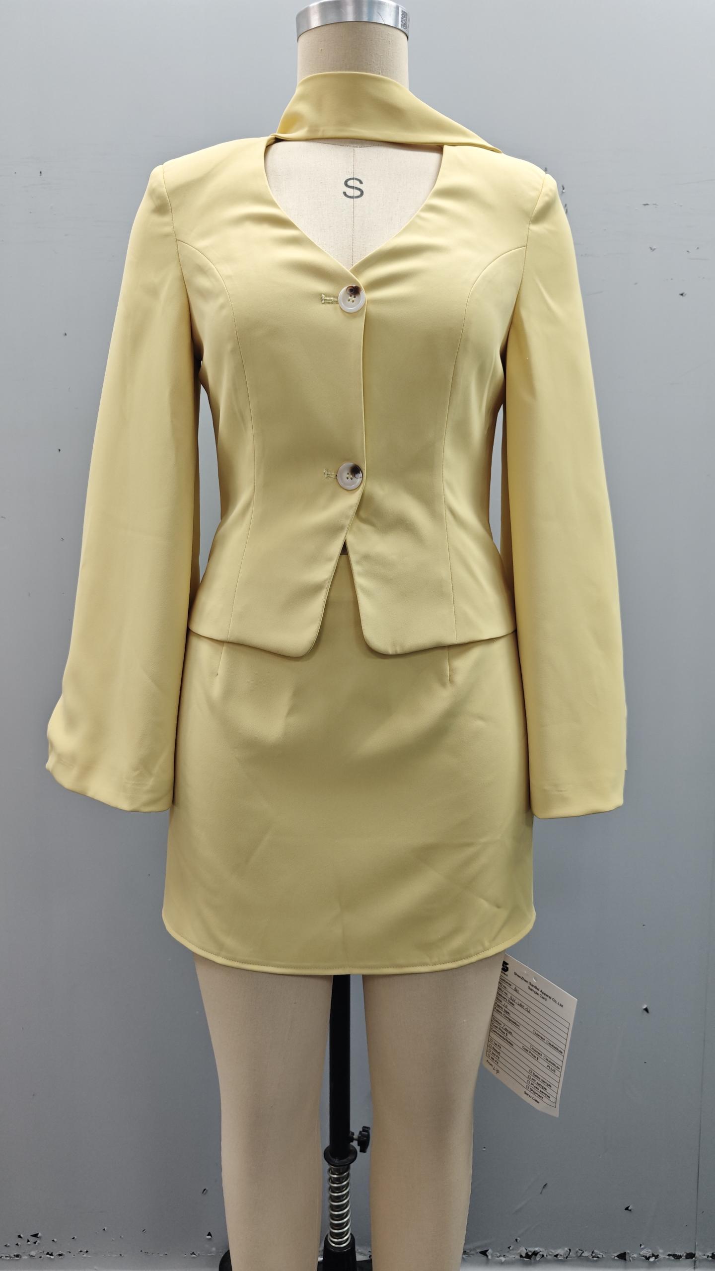 Elegant Yellow Two Piece Suit Set Blazer and Mini Skirt Sophisticated Tailored Yellow Suit Office and Event Wear