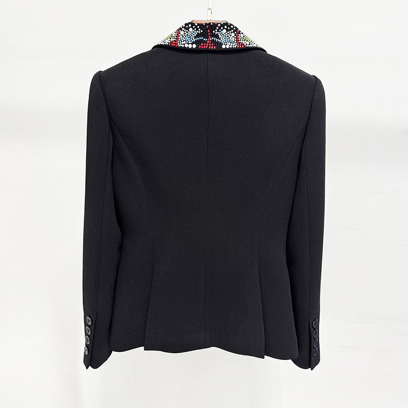 OEM High End Elegant Black Formal Evening Party Business Tailored Designer Outerwear Luxury Crystal Lapel Women Blazer Jacket