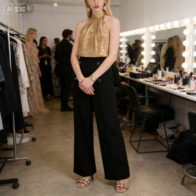 Women's Gold Halter Top and High-Waisted Wide-Leg Trousers Set - Elegant Party or Office Wear