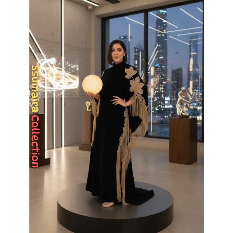 Luxury Black Nida Cape Abaya Gold Floral Embroidery Tassel Detail Natural Waist Elegant Modest Evening Wear Summer Velvet/Double