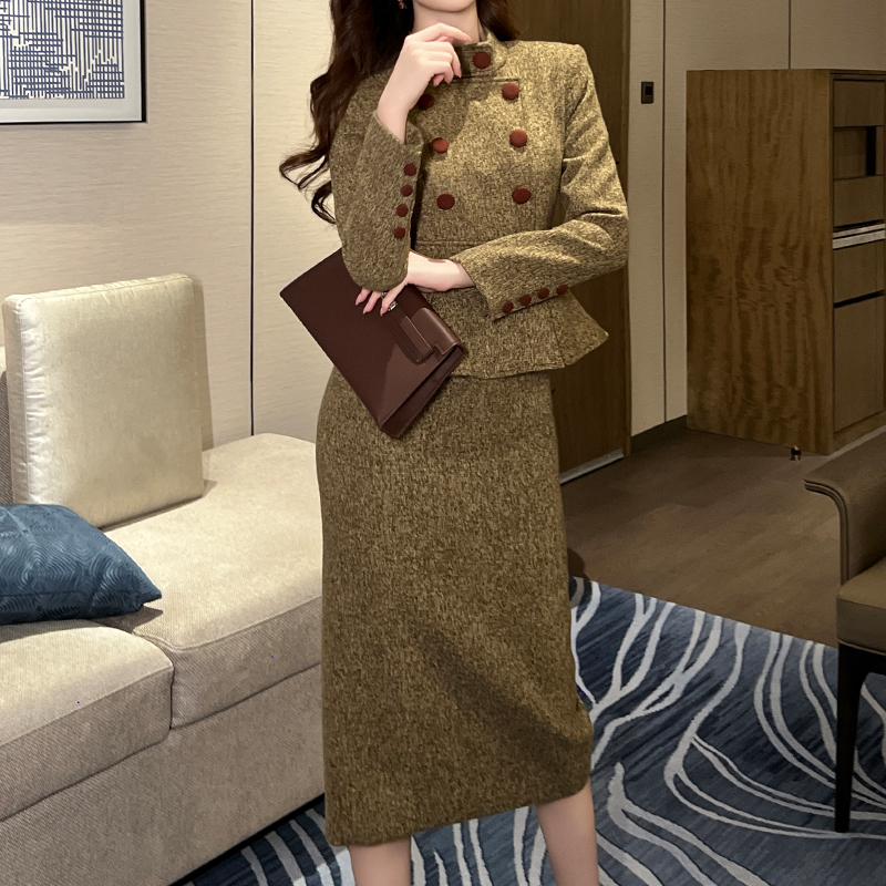 ZYHT 61149 2025 Spring New Collection Double Breasted Button Dresses Women Career Formal Elegant Retro Woolen Tweed Dress