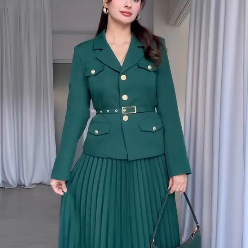 Europe and the United States New Style Waist Suit Jacket Press Fold Long Skirt Two-piece Women's Dress Suit