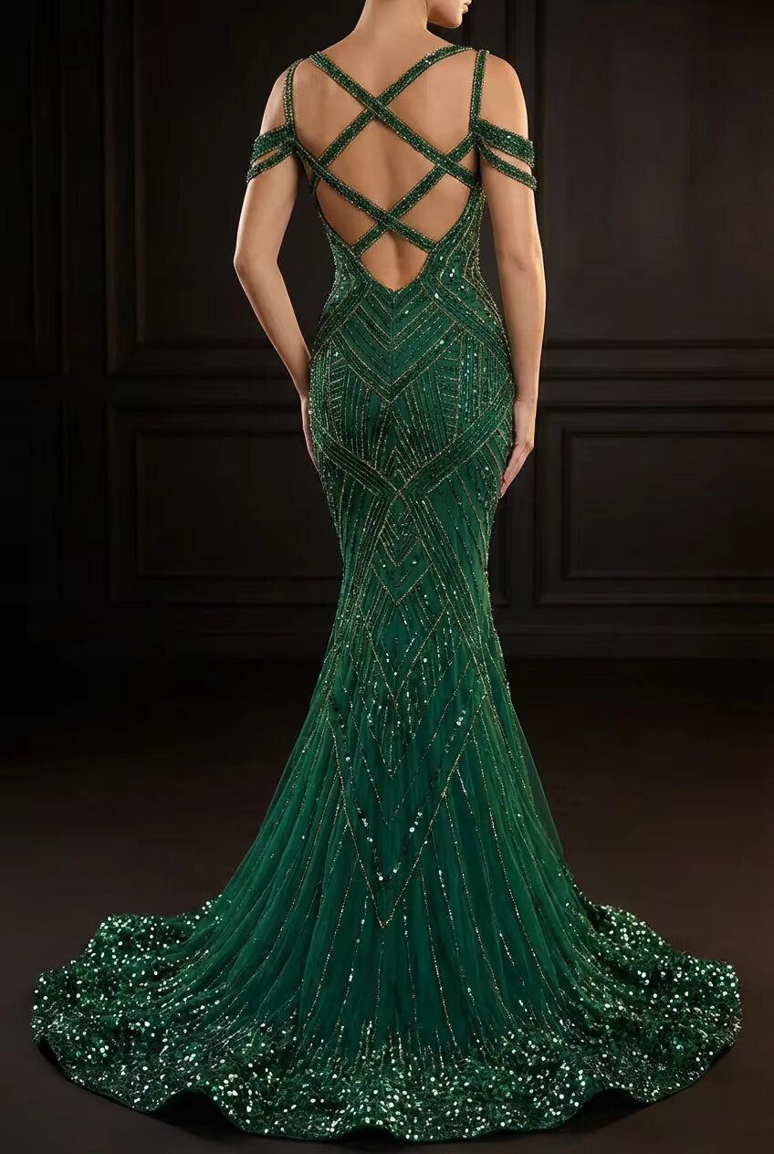 Exquisite Handmade Crystal Beaded Mermaid Dress Off-Shoulder Formal Gown High-End Evening Wear Women Special Occasion Party