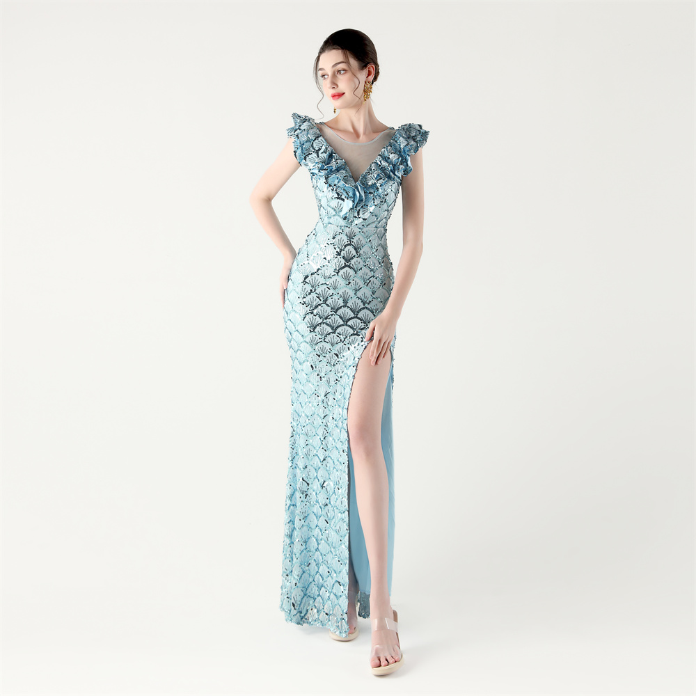 33176# 2025 New Fish Scale Sequin Ruffle Fishtail Slim Evening Dress for Formal Occasions and Banquets