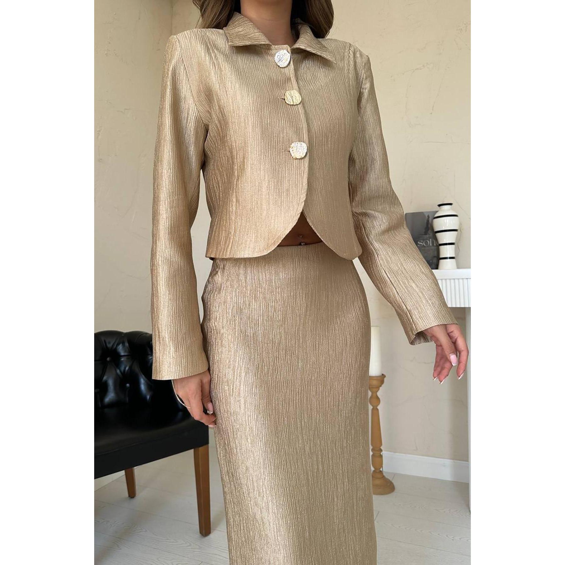Elisa Fashion Woman Golden Satin Women's Suit Set Long Skirt and Jacket Formal Wear Elegant Style 100% Polyester