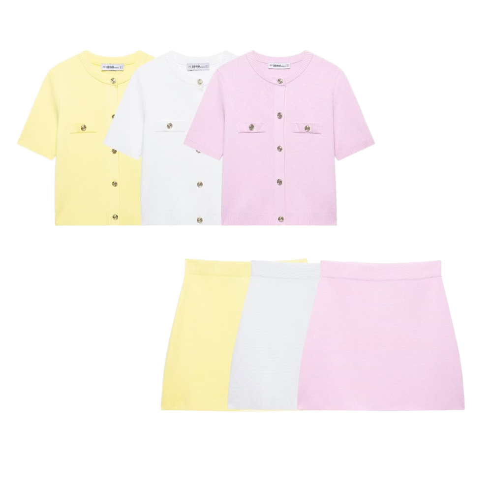 Women's Short Sleeve Knit Sweater and Breathable Mini Skirt 2-Piece Formal Set
