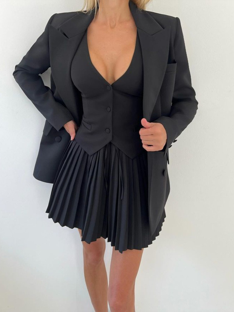 Commuter Pure Color Sleeveless Buttoned Suit Vest Top Pleated Short Skirt Women's 2 Piece Set Fashion