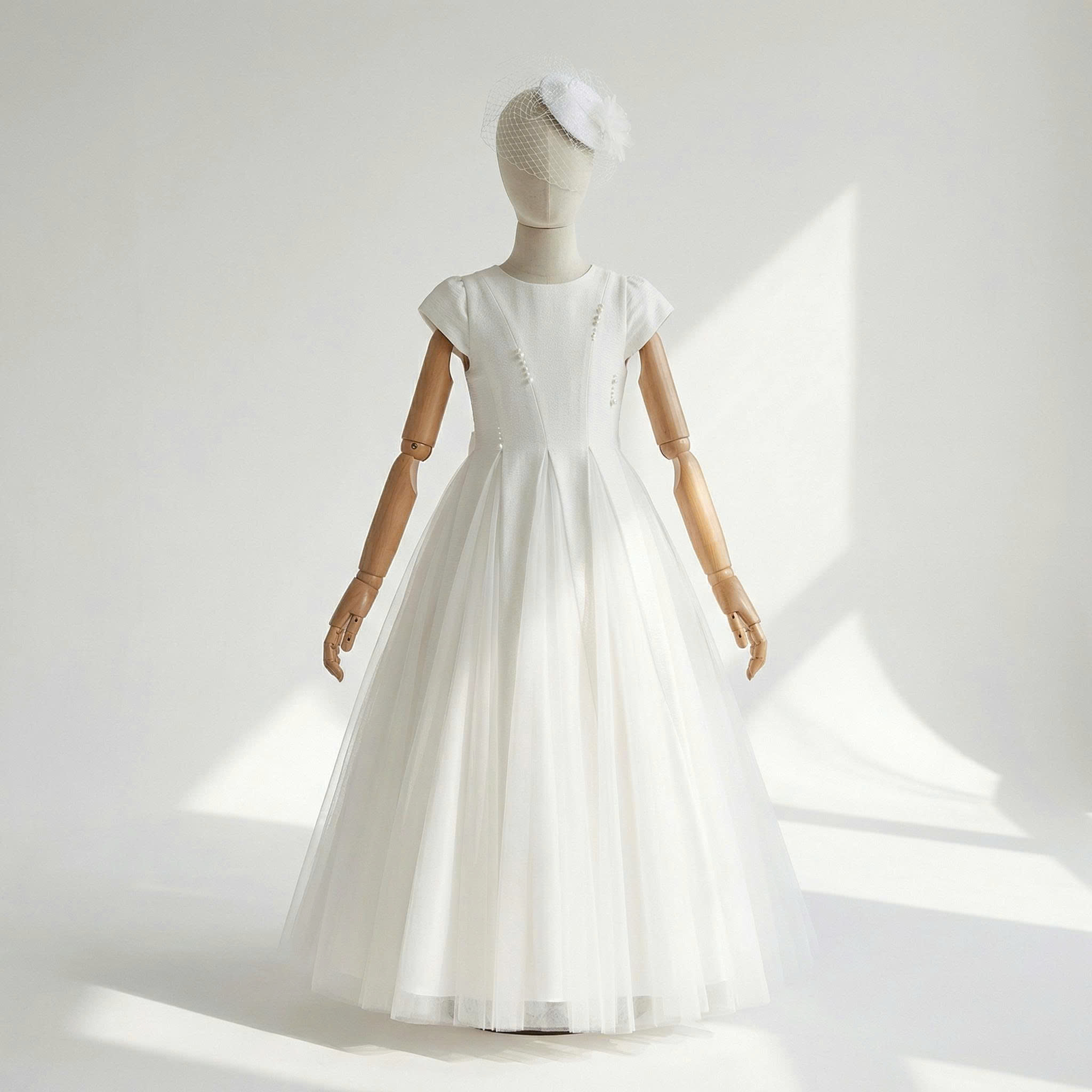 Modern Minimalist Ball Gown Girls Wedding/Communion Dress with Sequin Embroidery and Puffy Short Sleeves Ankle-Length
