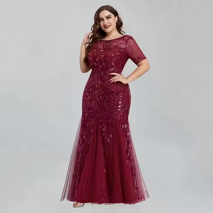 Women Elegant Party Prom Gowns Short Sleeve Beaded Leaves Pattern Formal 2025 Plus Size Sequin Mesh Mermaid Slim Evening Dress
