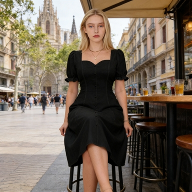 Black Square Neck Puff Sleeve Button Down MIDI Dress - Vintage Chic Elegant Party Wear for Women