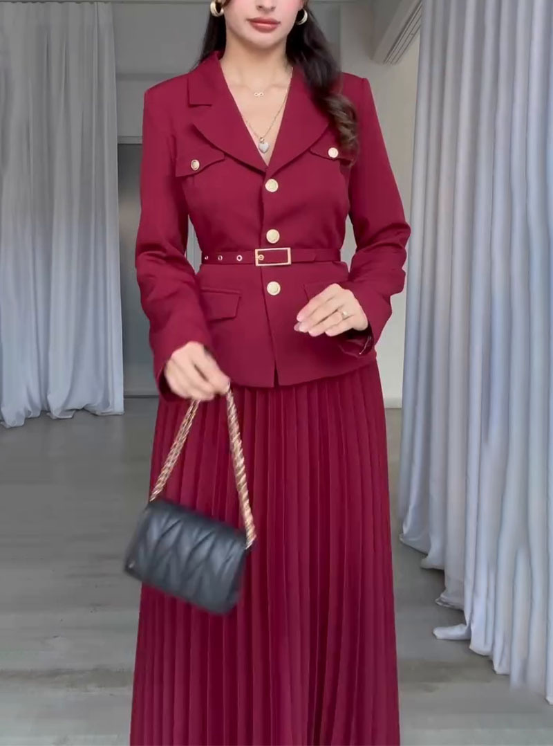 Europe and the United States New Style Waist Suit Jacket Press Fold Long Skirt Two-piece Women's Dress Suit