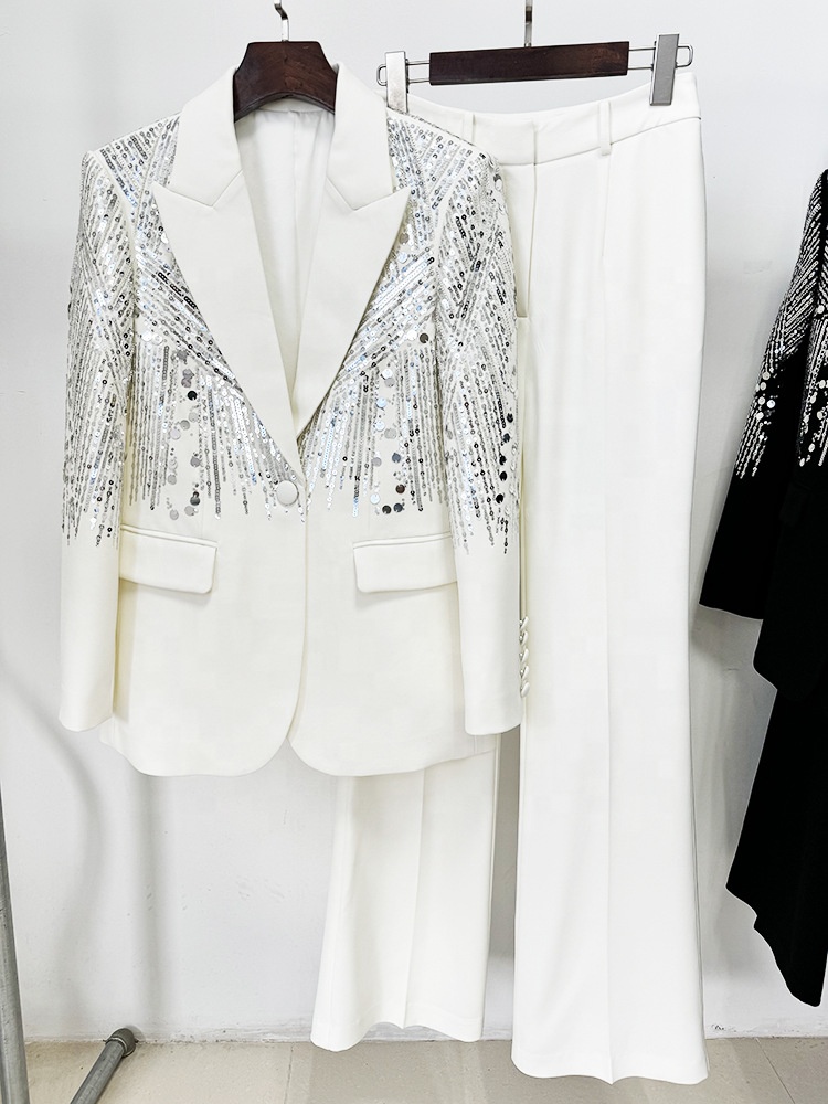 Women White Minimalist Style Blazer Suits Party Garment Long Sleeve Silver Sequined Embroidery Flare Pants Two Piece Set Outfits