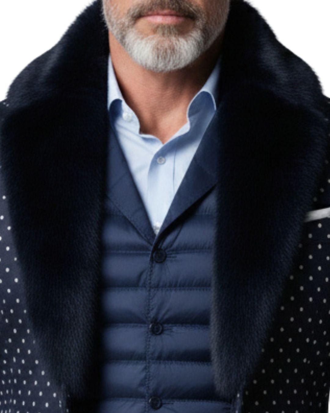 Mens Navy Blue White Polka Dot Fur Shawl Collar Blazer Jacket Luxury Winter Fashion Formal Wear Stylish Premium Designer Coat