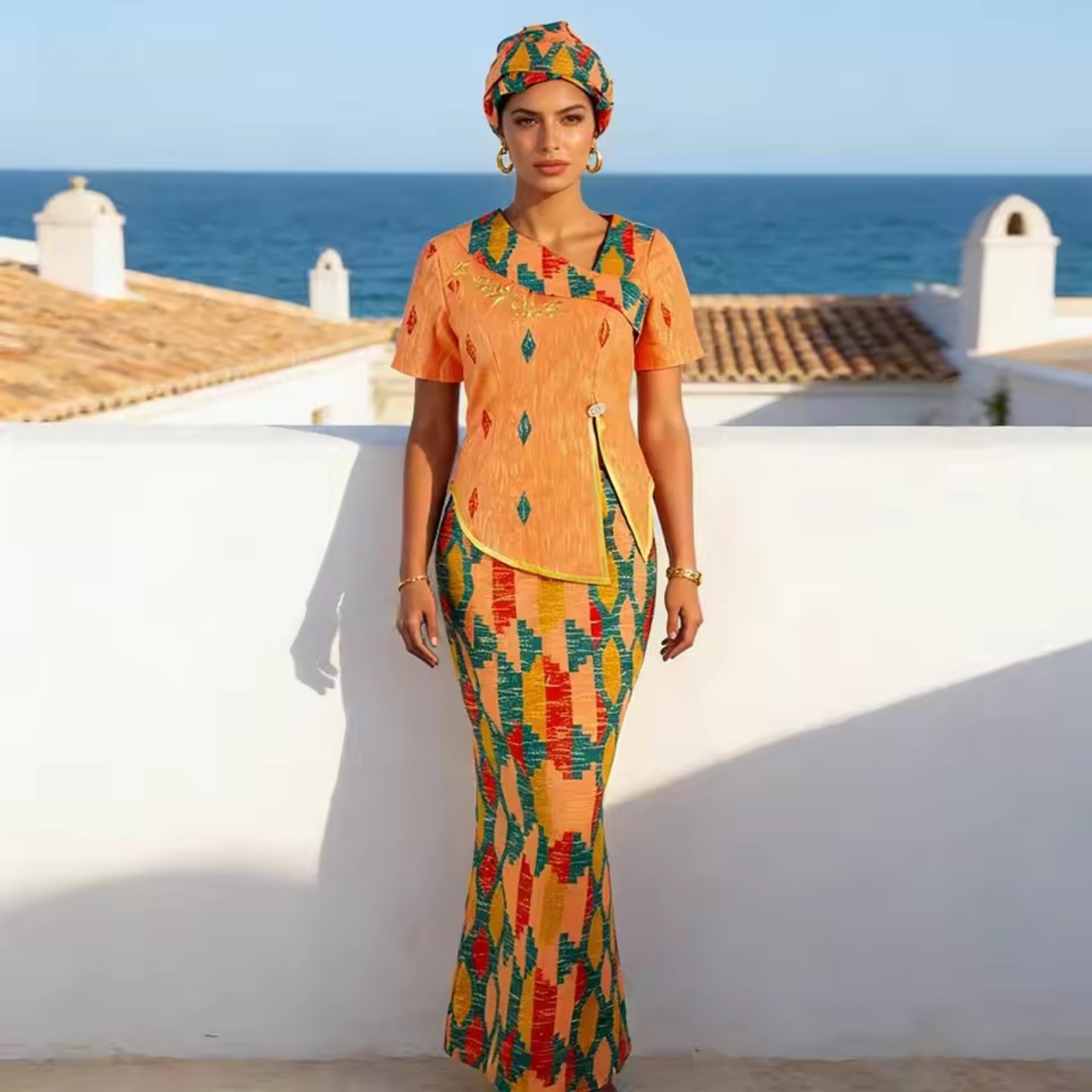 African Women Plus Size Cotton Summer Wedding Skirt Set with Short Sleeves Slim Fit Gown and Headwrap 2526056