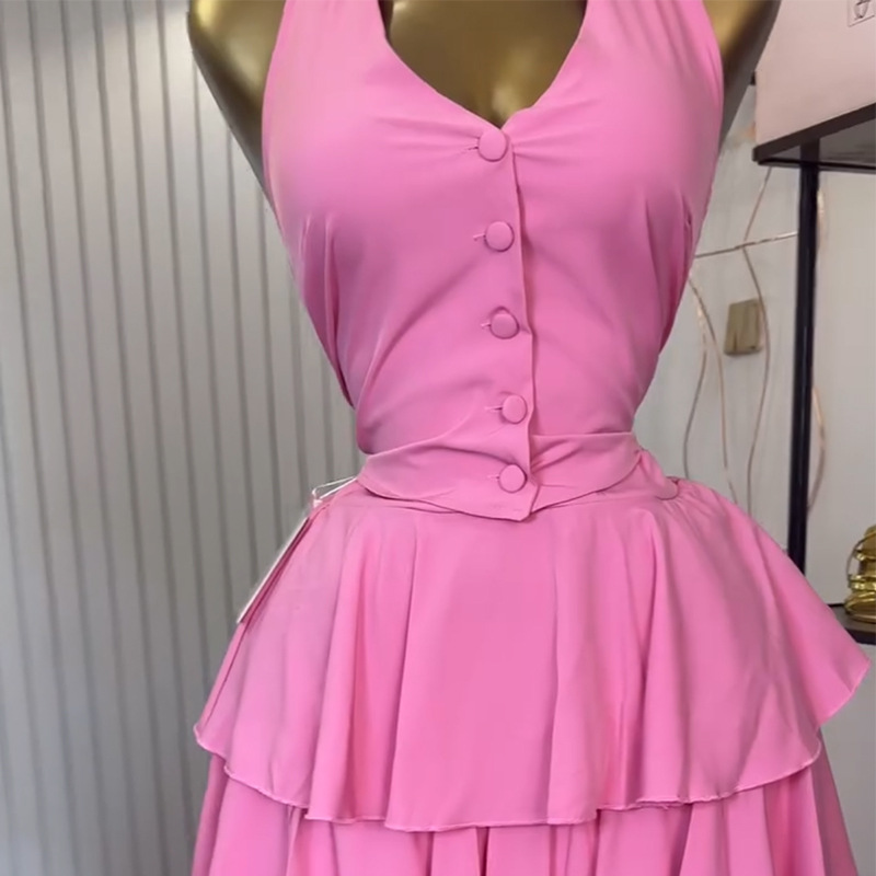 Hanging Neck Sleeveless Vest High Waist Cake Halter Skirt Women's 2 Piece Set