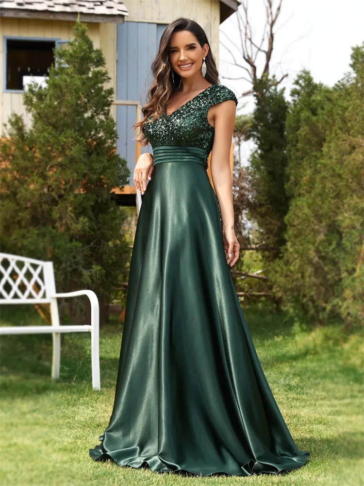 New Sequin V-Neck Satin A-Line Evening Party Dress for Women, Elegant Long Gown