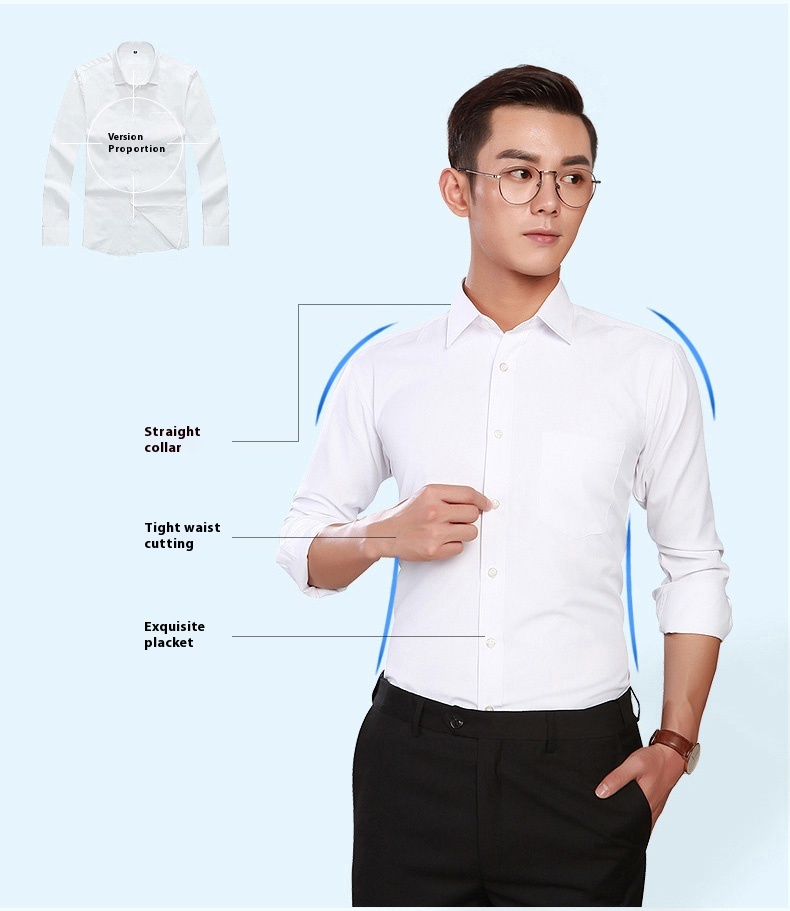 Men's Professional Anti-Wrinkle Korean-Style Dress Solid White Long Sleeve Slim-Fit Single Breasted Business Formal Breathable