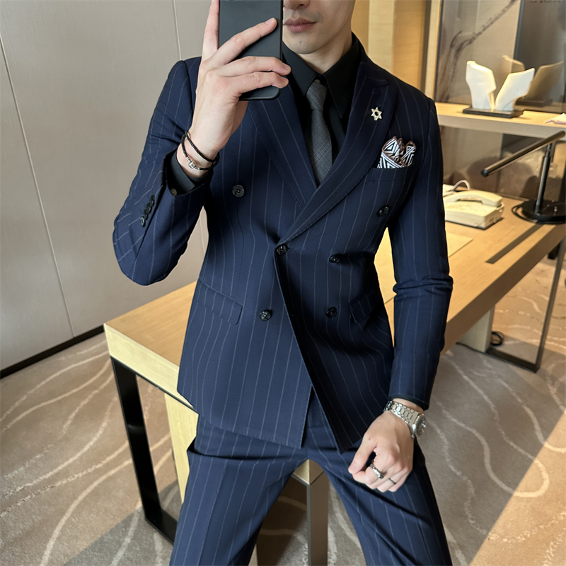 Double Breasted Pinstripe Men's Suit Set British Style Business Professional Formal Wedding Groom Slim Fit Blazer Pants Vest
