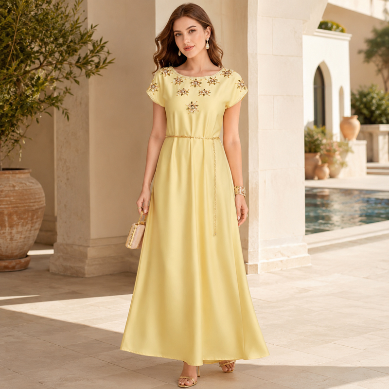 OEM Factory Wedding Guest Muslim Dress with Lace Details for Banquet Islamic Fashion