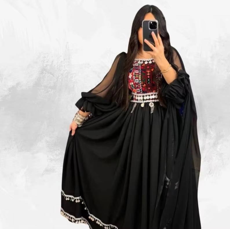 Black Afghan Evening Dress Minimalist Kuchi Style Sheer Sleeve Poshak Coin Embellished Frock Modern Afghan Silhouette