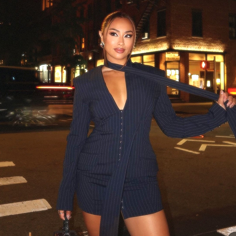 Autumn New Collection Elegant Slim Striped Dress Sexy Hip Skirt for Women Short Wosted Office Lady Formal Suit Dress