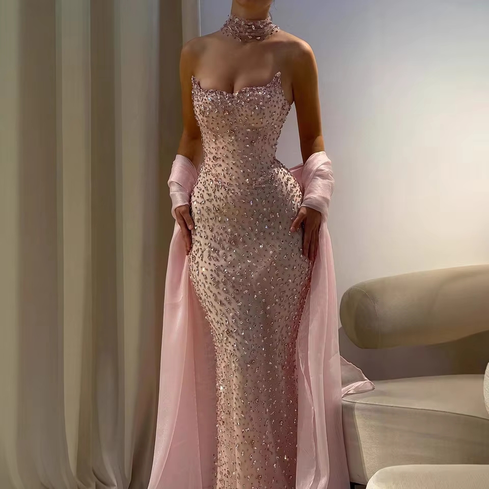 Nude/Pink/Blue 2026 Luxury Dubai Kosovo Designer Evening Dresses with Cape Gowns for Wedding Party Formal Evening Gowns LA73225