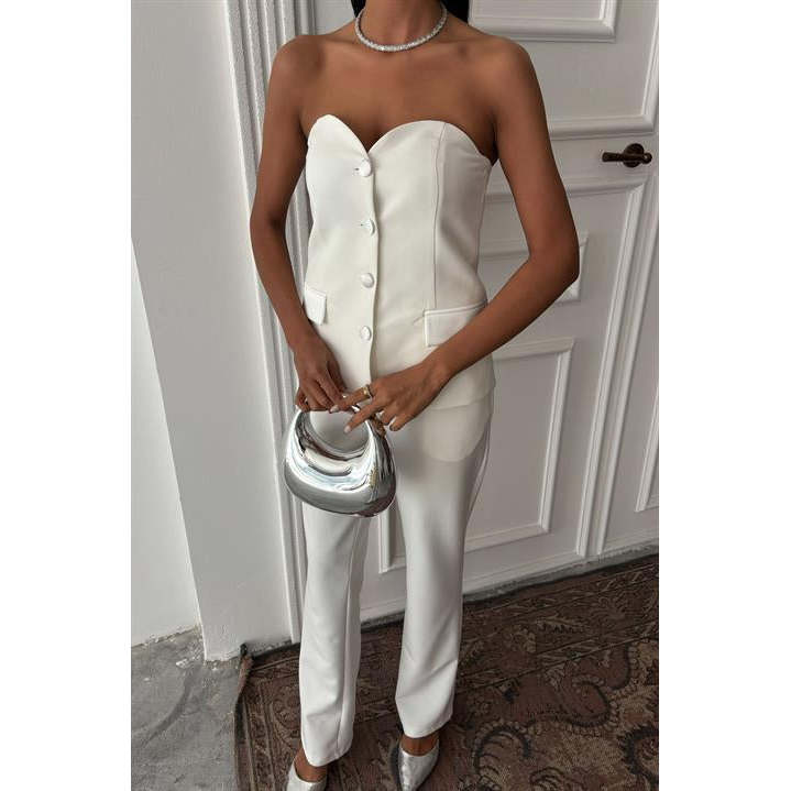 Sobe Women's ECRU Satin Suit Set Two Piece Blazer Pants Formal Wear with Needle Detection Model 10024