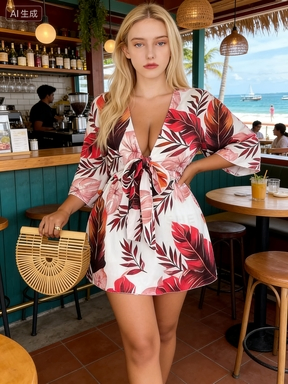 Tropical Leaf Print Deep V-Neck Tie Waist Mini Dress - Chic Summer Boho Beachwear for Women